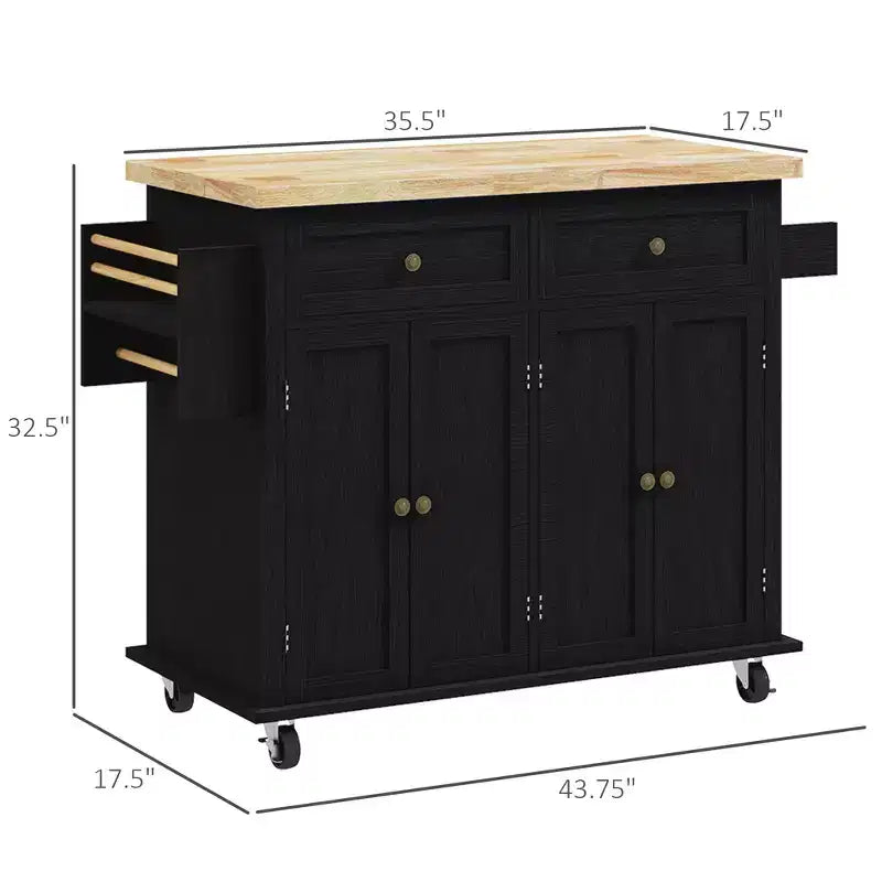 Isola Cucina su Ruote, Carrello da Cucina con Top in Legno di Gomma, Porta Spezie, Porta Asciugamani e Cassetti