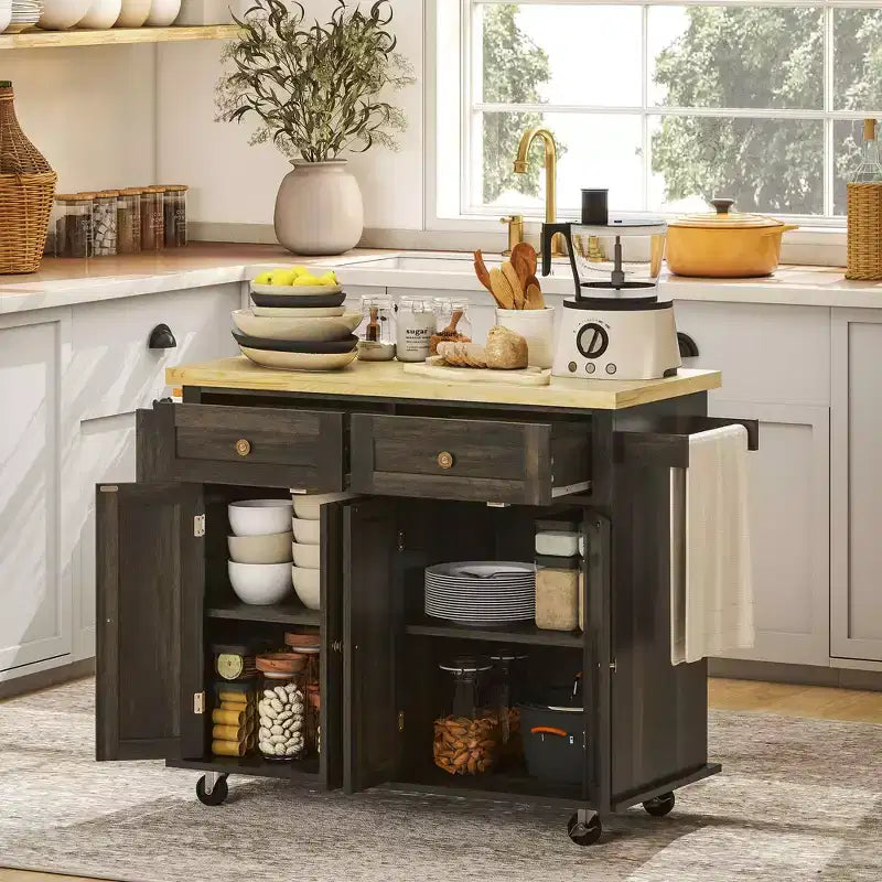 Isola Cucina su Ruote, Carrello da Cucina con Top in Legno di Gomma, Porta Spezie, Porta Asciugamani e Cassetti