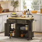 Isola Cucina su Ruote, Carrello da Cucina con Top in Legno di Gomma, Porta Spezie, Porta Asciugamani e Cassetti