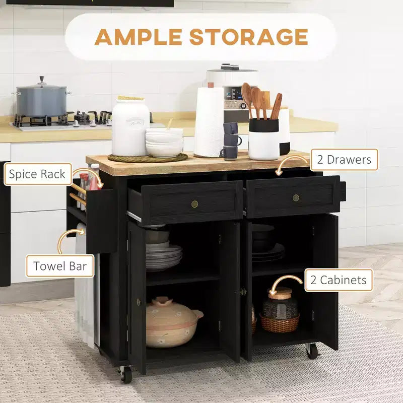 Isola Cucina su Ruote, Carrello da Cucina con Top in Legno di Gomma, Porta Spezie, Porta Asciugamani e Cassetti