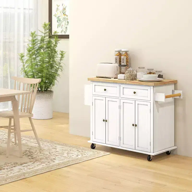 Isola Cucina su Ruote, Carrello da Cucina con Top in Legno di Gomma, Porta Spezie, Porta Asciugamani e Cassetti