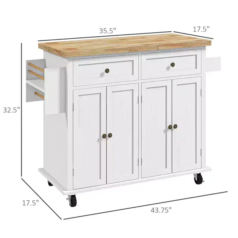 Isola Cucina su Ruote, Carrello da Cucina con Top in Legno di Gomma, Porta Spezie, Porta Asciugamani e Cassetti