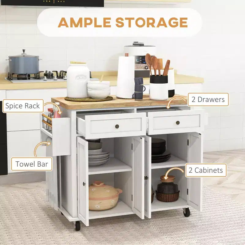 Isola Cucina su Ruote, Carrello da Cucina con Top in Legno di Gomma, Porta Spezie, Porta Asciugamani e Cassetti