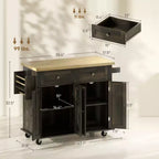 Isola Cucina su Ruote, Carrello da Cucina con Top in Legno di Gomma, Porta Spezie, Porta Asciugamani e Cassetti