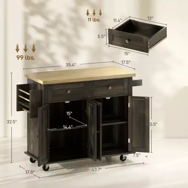 Isola Cucina su Ruote, Carrello da Cucina con Top in Legno di Gomma, Porta Spezie, Porta Asciugamani e Cassetti