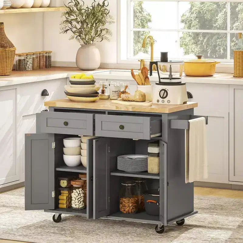 Isola Cucina su Ruote, Carrello da Cucina con Top in Legno di Gomma, Porta Spezie, Porta Asciugamani e Cassetti