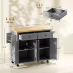 Isola Cucina su Ruote, Carrello da Cucina con Top in Legno di Gomma, Porta Spezie, Porta Asciugamani e Cassetti