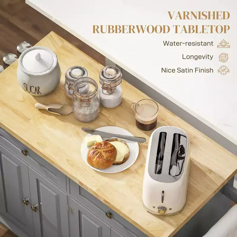 Isola Cucina su Ruote, Carrello da Cucina con Top in Legno di Gomma, Porta Spezie, Porta Asciugamani e Cassetti