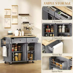 Isola Cucina su Ruote, Carrello da Cucina con Top in Legno di Gomma, Porta Spezie, Porta Asciugamani e Cassetti