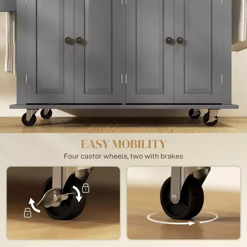 Isola Cucina su Ruote, Carrello da Cucina con Top in Legno di Gomma, Porta Spezie, Porta Asciugamani e Cassetti