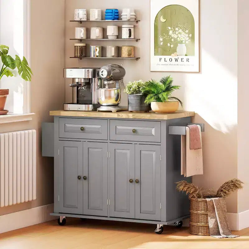 Isola Cucina su Ruote, Carrello da Cucina con Top in Legno di Gomma, Porta Spezie, Porta Asciugamani e Cassetti