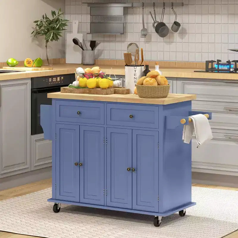 Isola Cucina su Ruote, Carrello da Cucina con Top in Legno di Gomma, Porta Spezie, Porta Asciugamani e Cassetti