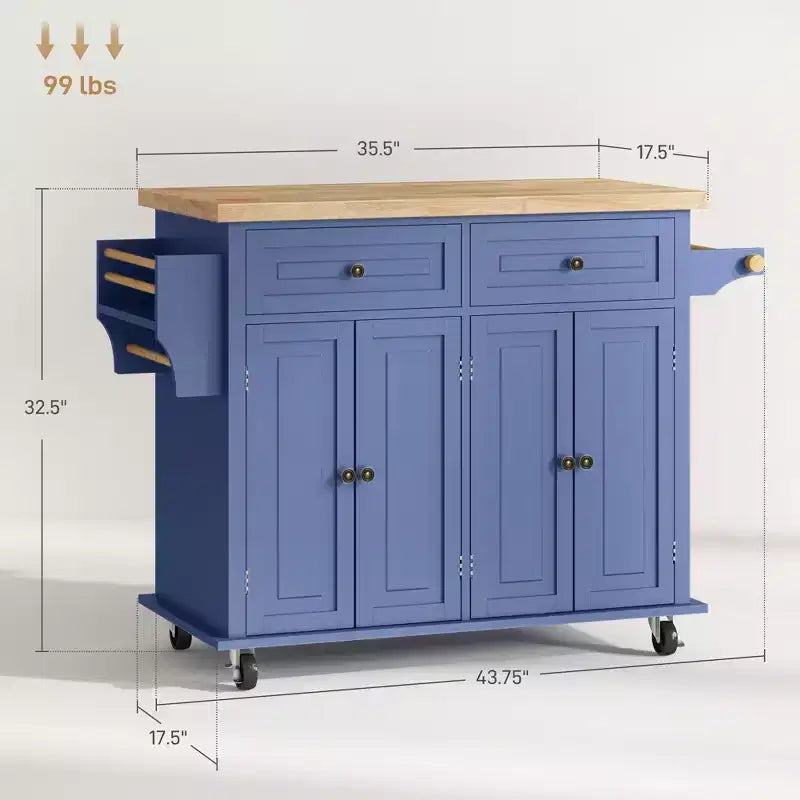 Isola Cucina su Ruote, Carrello da Cucina con Top in Legno di Gomma, Porta Spezie, Porta Asciugamani e Cassetti