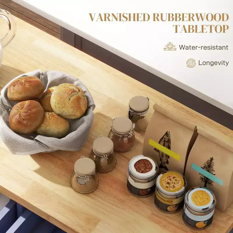 Isola Cucina su Ruote, Carrello da Cucina con Top in Legno di Gomma, Porta Spezie, Porta Asciugamani e Cassetti