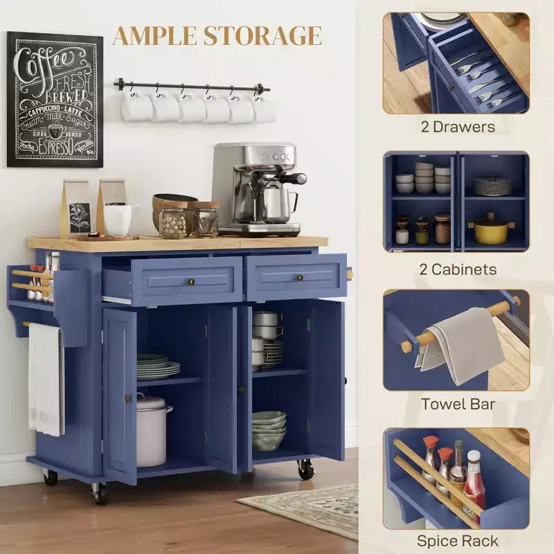 Isola Cucina su Ruote, Carrello da Cucina con Top in Legno di Gomma, Porta Spezie, Porta Asciugamani e Cassetti