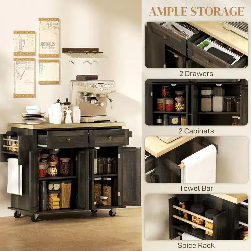 Isola Cucina su Ruote, Carrello da Cucina con Top in Legno di Gomma, Porta Spezie, Porta Asciugamani e Cassetti
