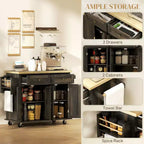 Isola Cucina su Ruote, Carrello da Cucina con Top in Legno di Gomma, Porta Spezie, Porta Asciugamani e Cassetti