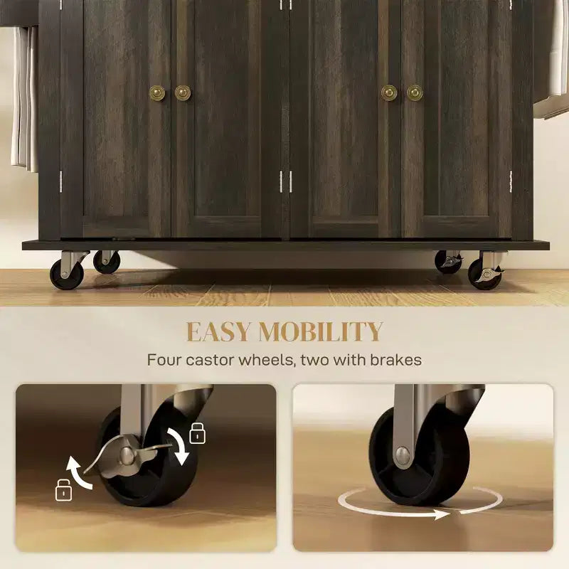 Isola Cucina su Ruote, Carrello da Cucina con Top in Legno di Gomma, Porta Spezie, Porta Asciugamani e Cassetti