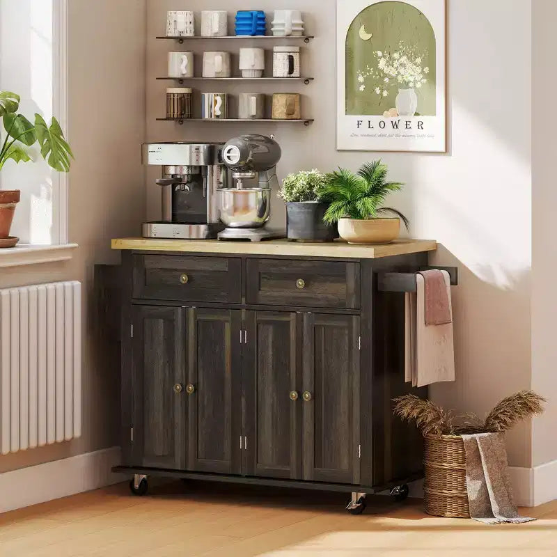 Isola Cucina su Ruote, Carrello da Cucina con Top in Legno di Gomma, Porta Spezie, Porta Asciugamani e Cassetti
