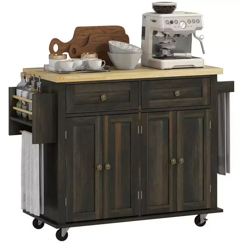 Kitchen Island on Wheels, Rolling Cart with Rubberwood Top, Spice Rack, Towel Rack and Drawers