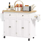 Isola Cucina su Ruote, Carrello da Cucina con Top in Legno di Gomma, Porta Spezie, Porta Asciugamani e Cassetti