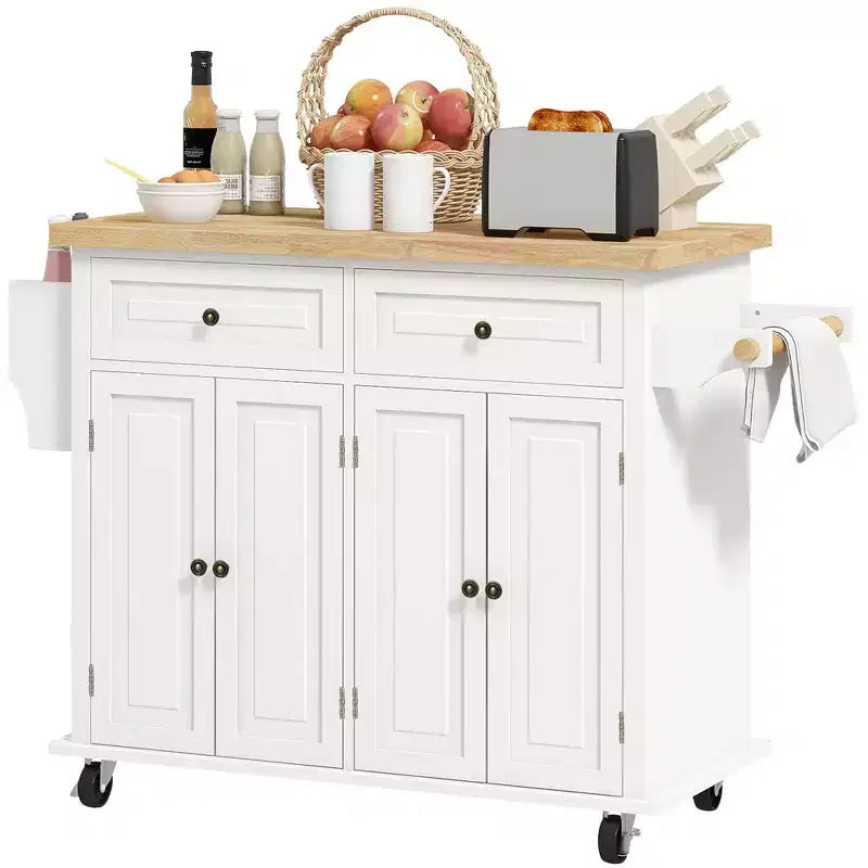 Isola Cucina su Ruote, Carrello da Cucina con Top in Legno di Gomma, Porta Spezie, Porta Asciugamani e Cassetti