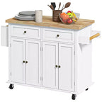 Isola Cucina su Ruote, Carrello da Cucina con Top in Legno di Gomma, Porta Spezie, Porta Asciugamani e Cassetti