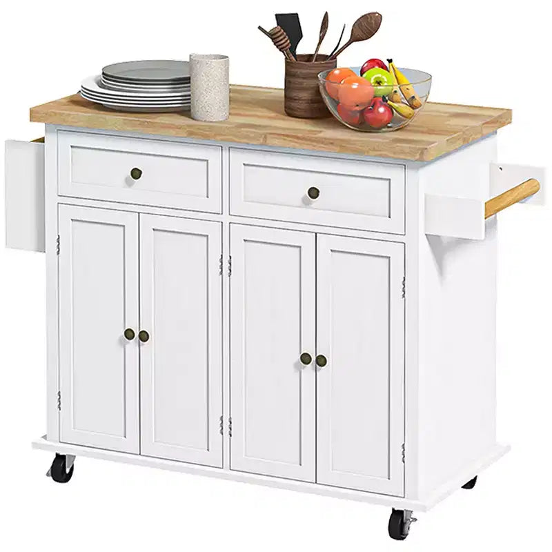 Isola Cucina su Ruote, Carrello da Cucina con Top in Legno di Gomma, Porta Spezie, Porta Asciugamani e Cassetti