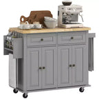 Isola Cucina su Ruote, Carrello da Cucina con Top in Legno di Gomma, Porta Spezie, Porta Asciugamani e Cassetti