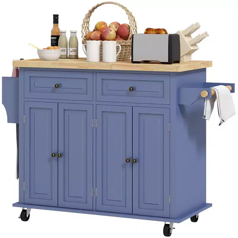 Isola Cucina su Ruote, Carrello da Cucina con Top in Legno di Gomma, Porta Spezie, Porta Asciugamani e Cassetti