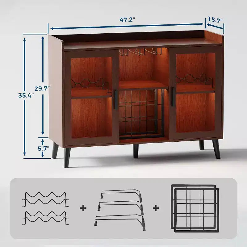 47 Coffee & Wine Bar Cabinet with Glass Door, 4-Tier Wood Sideboard for Living Room and Kitchen