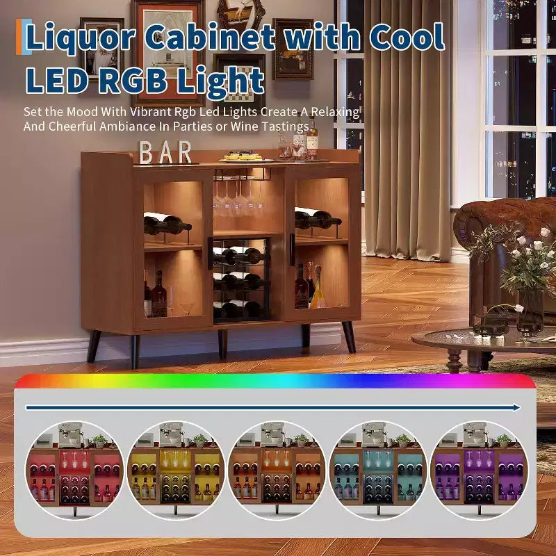 47 Coffee & Wine Bar Cabinet with Glass Door, 4-Tier Wood Sideboard for Living Room and Kitchen