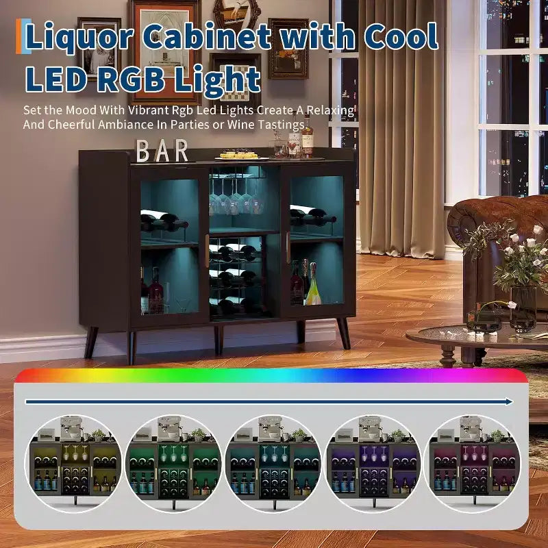 47 Coffee & Wine Bar Cabinet with Glass Door, 4-Tier Wood Sideboard for Living Room and Kitchen