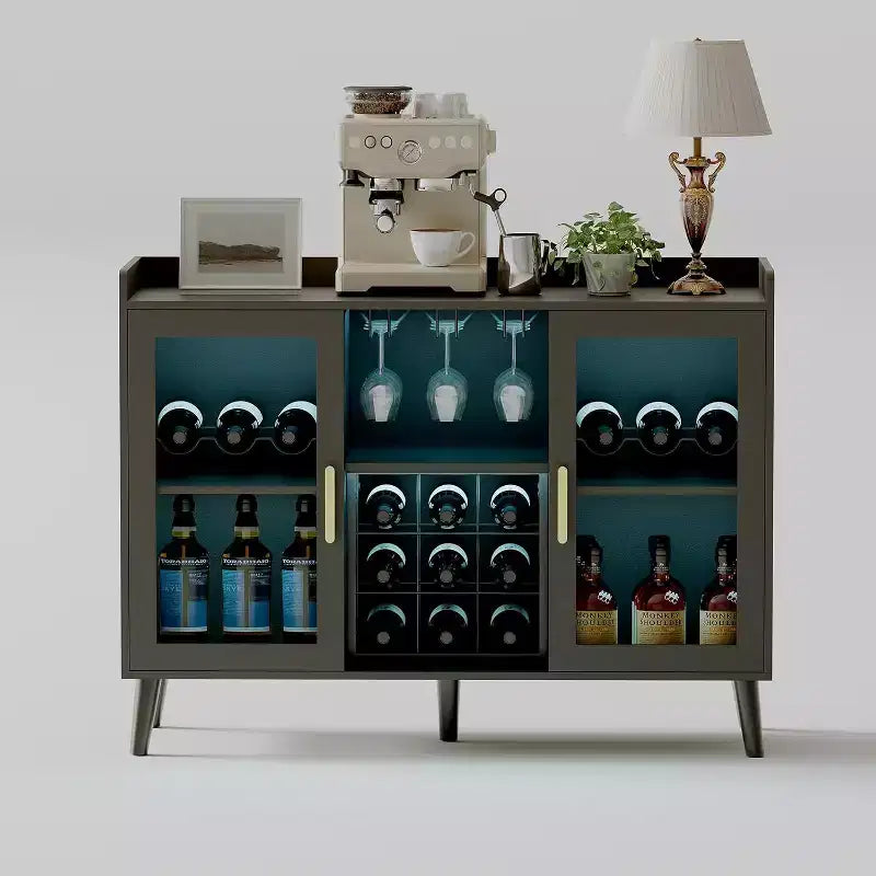 47 Coffee & Wine Bar Cabinet with Glass Door, 4-Tier Wood Sideboard for Living Room and Kitchen