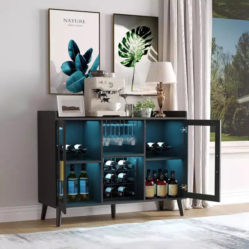 47 Coffee & Wine Bar Cabinet with Glass Door, 4-Tier Wood Sideboard for Living Room and Kitchen