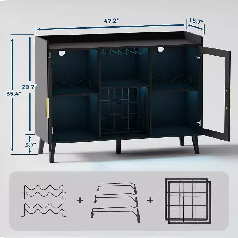 47 Coffee & Wine Bar Cabinet with Glass Door, 4-Tier Wood Sideboard for Living Room and Kitchen
