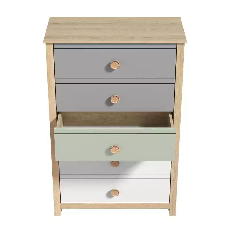Cassettiera Galano a 5 cassetti con frontali a colori misti in rovere Oslo 78 cm L x 40 cm P x 117 cm A