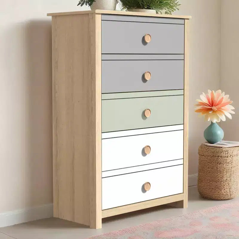 Cassettiera Galano a 5 cassetti con frontali a colori misti in rovere Oslo 78 cm L x 40 cm P x 117 cm A