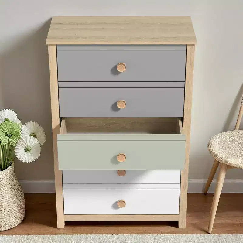 Cassettiera Galano a 5 cassetti con frontali a colori misti in rovere Oslo 78 cm L x 40 cm P x 117 cm A