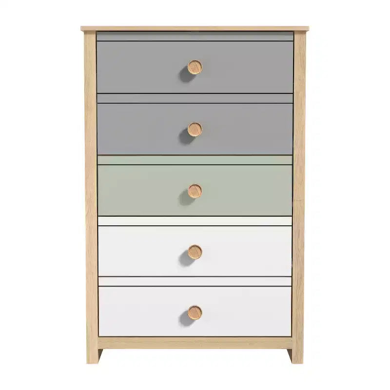 Cassettiera Galano a 5 cassetti con frontali a colori misti in rovere Oslo 78 cm L x 40 cm P x 117 cm A