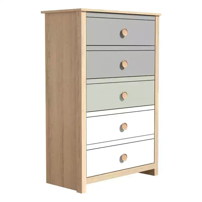 Cassettiera Galano a 5 cassetti con frontali a colori misti in rovere Oslo 78 cm L x 40 cm P x 117 cm A