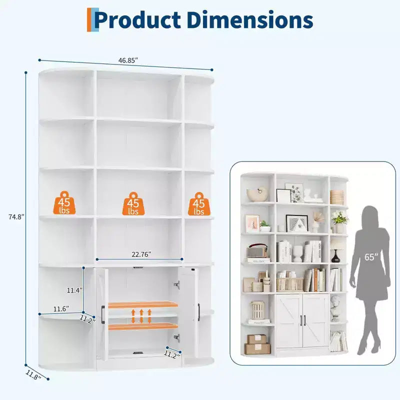 75Tall Bookshelf with Storage, 6-Tier 47 Wide Modern Farmhouse Standing Bookcase Cabinet Display Shelf Organizer for Home Office Living Room