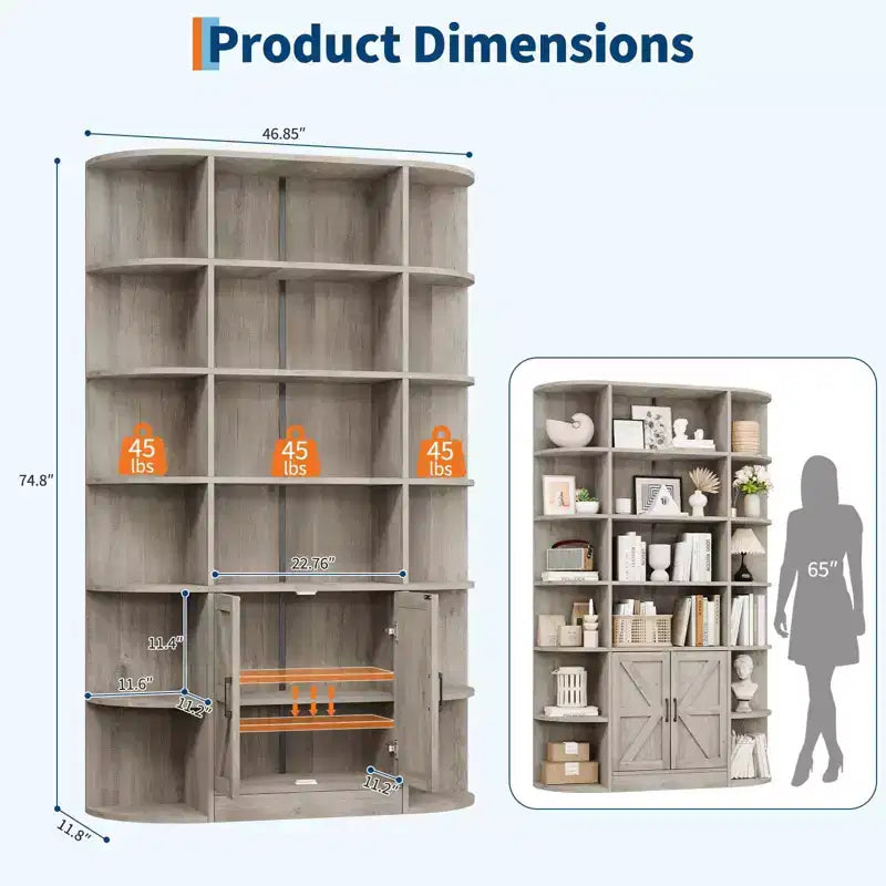 75Tall Bookshelf with Storage, 6-Tier 47 Wide Modern Farmhouse Standing Bookcase Cabinet Display Shelf Organizer for Home Office Living Room