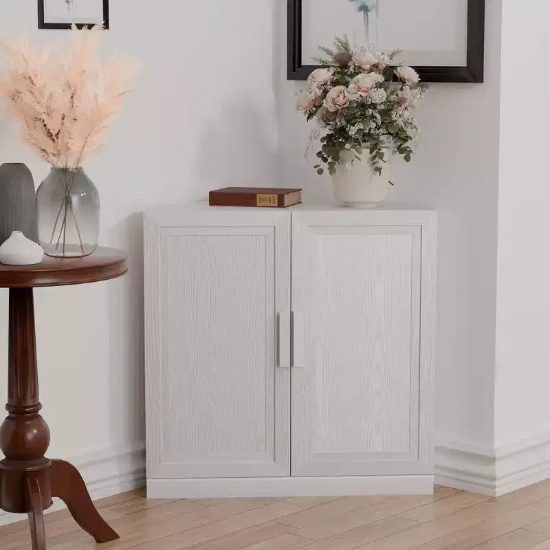 MAYEERTY Armadio angolare moderno in legno massello con ante doppie, contenitore efficiente per la casa, soggiorno, bianco