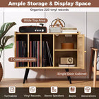 Costway Record Player Stand w/ Charging Station & Rattan Cabinet Adjustable Shelf