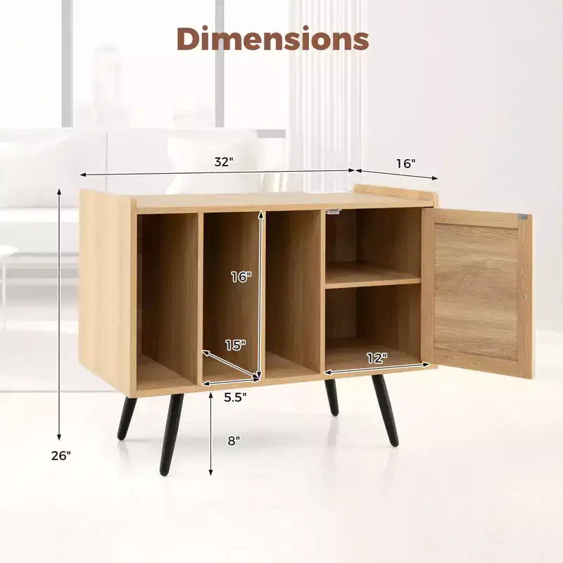 Costway Record Player Stand w/ Charging Station & Rattan Cabinet Adjustable Shelf