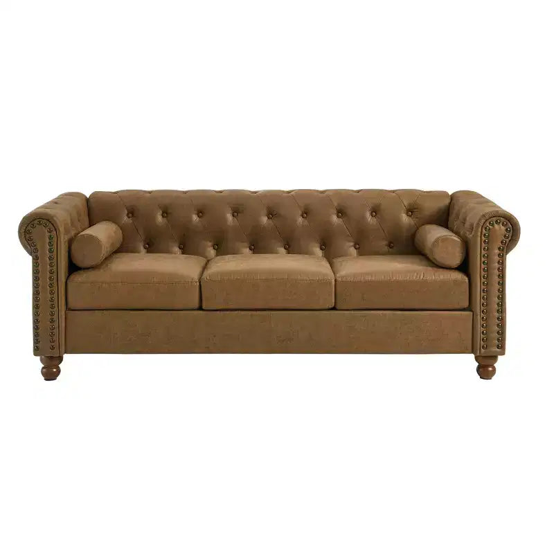 Chesterfield 3-Seat Sofa, Tufted Fabric, Sturdy Wood Frame, Square Arms, S-Spring, High-Resilience Sponge, for Living Room or Apartment, Brown