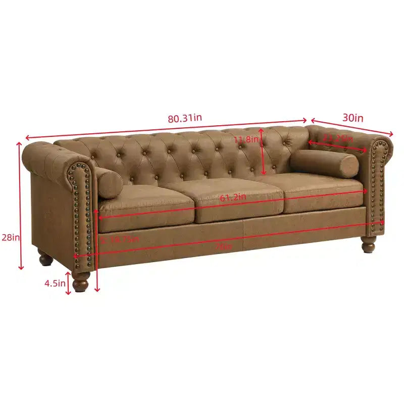 Chesterfield 3-Seat Sofa, Tufted Fabric, Sturdy Wood Frame, Square Arms, S-Spring, High-Resilience Sponge, for Living Room or Apartment, Brown
