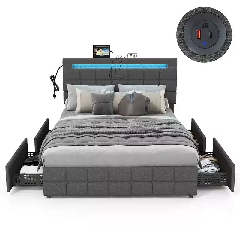 Costway Full Upholstered Platform Bed with LED Headboard Charging Station Storage Drawer