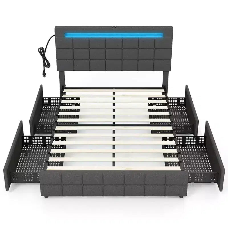 Letto a piattaforma completamente imbottito Costway con testiera a LED, stazione di ricarica e cassetto portaoggetti